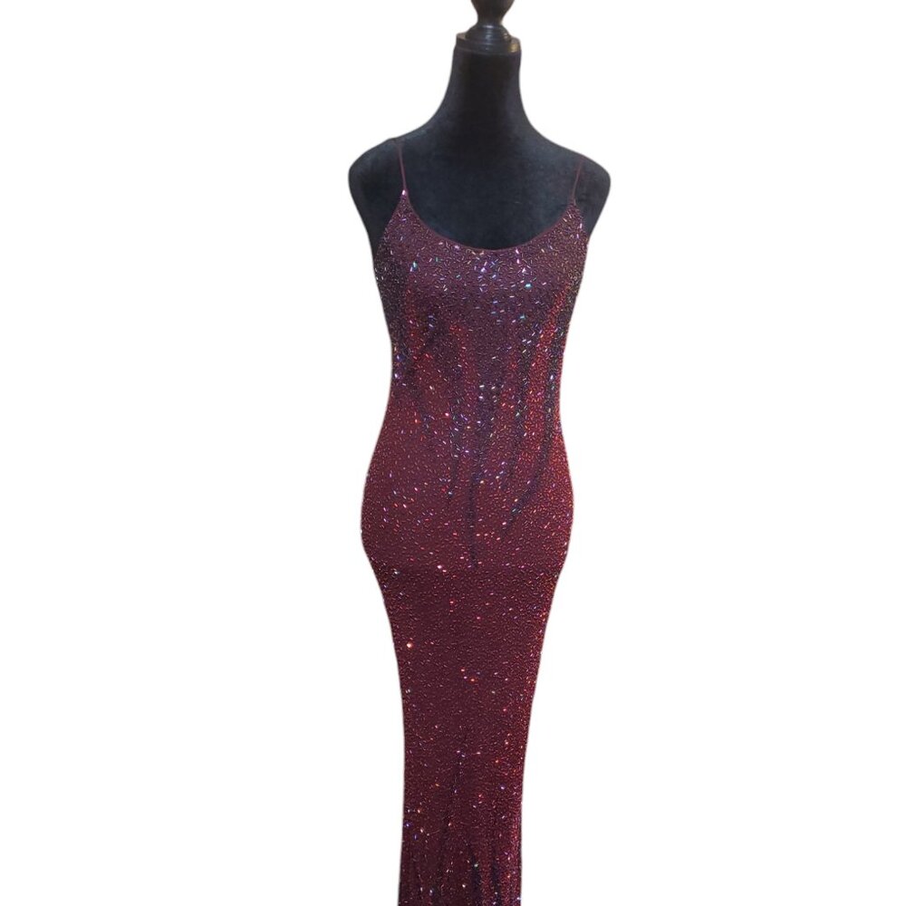 Beautiful Sue Wong Nocturne Maroon Full Length Beaded Gown, 100% Silk Size 6